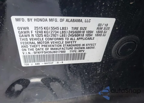 2018 Honda Pilot Ex из США, поврежденный, VIN 5FNYF5H39JB017900